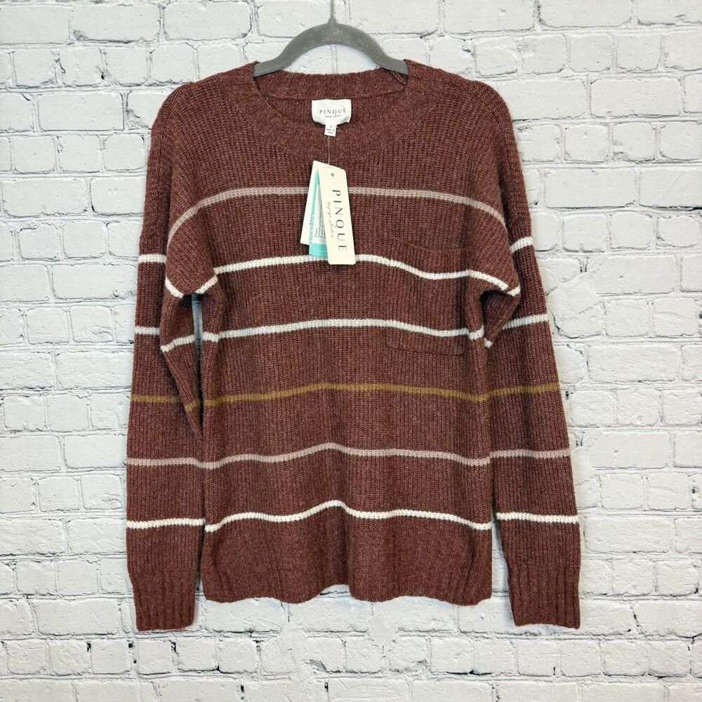 Pinque Romona Long Sleeve Sweater Walnut Multi Stripe Womens S Knit Pullover NWT